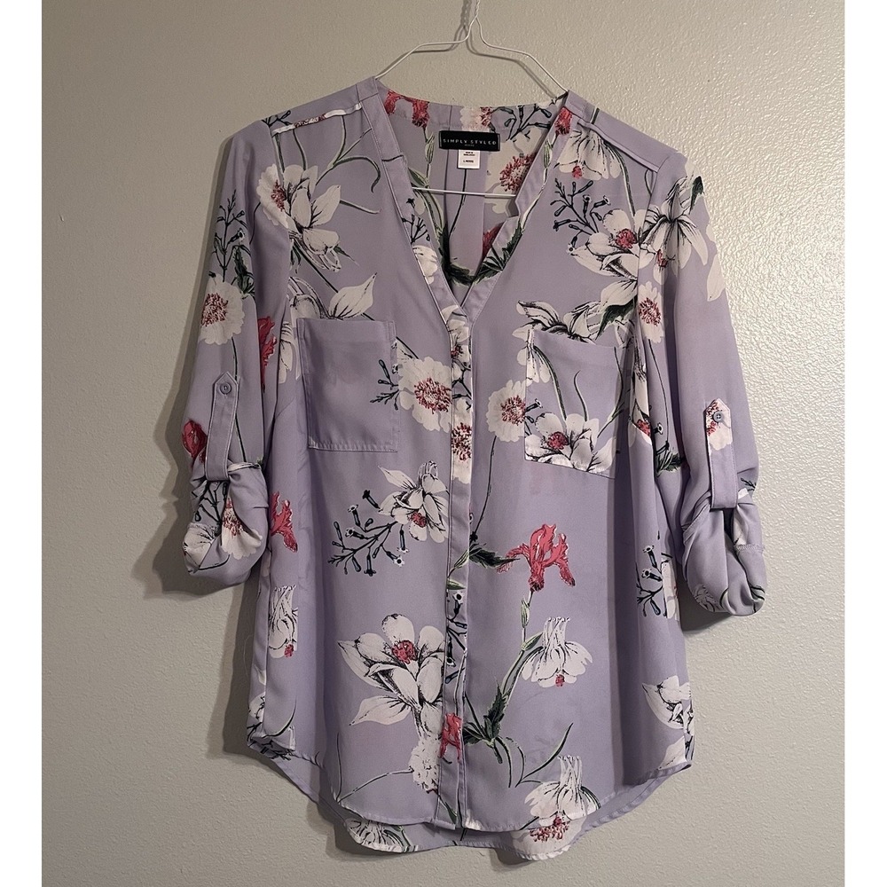 Simply Styled Womens Large Petite Long Sleeve Lilac Blouse Button‎ Up Floral Top